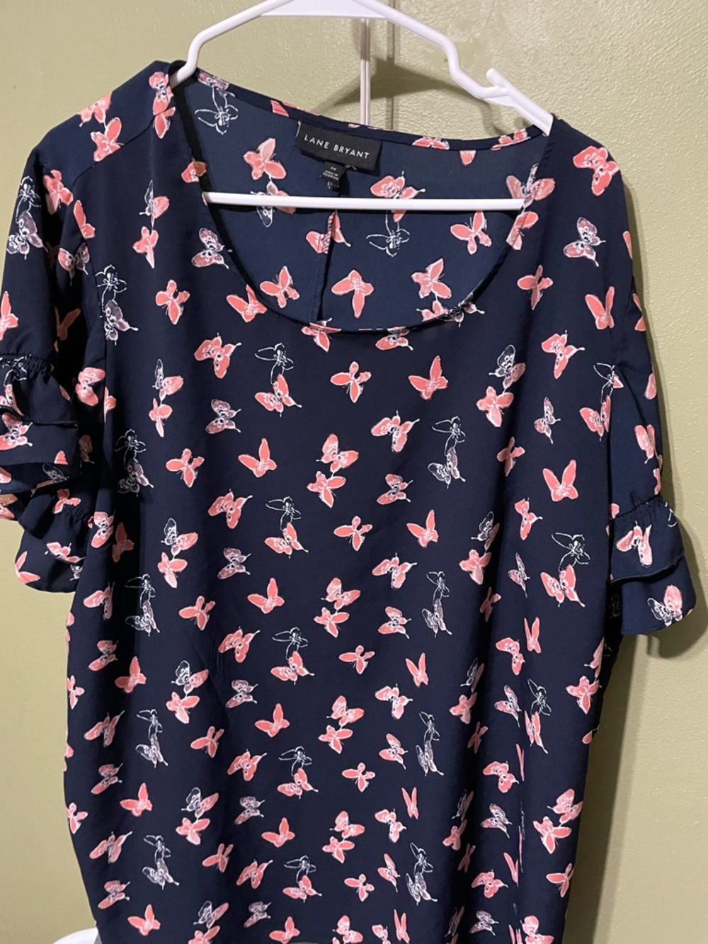 Lane Bryant Navy Blouse with Pink Butterfly Print and Ruffle Sleeves